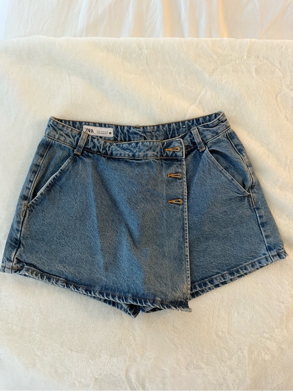 ZARA Denim Wrap-Front Jean Shorts in Blue